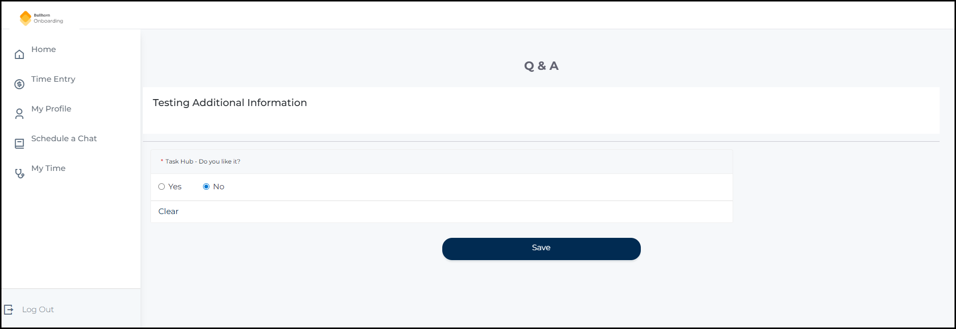 The old Additional Information page displayed as a Q and A form, showing a questionnaire section with a yes/no question and a Save button.